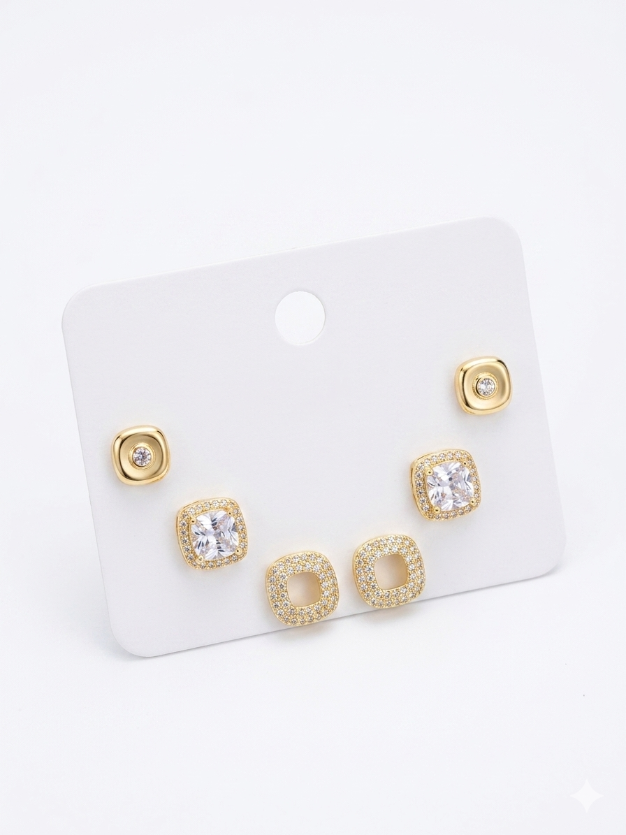 Geometric & Floral Stud Earring Set - Gold Tone